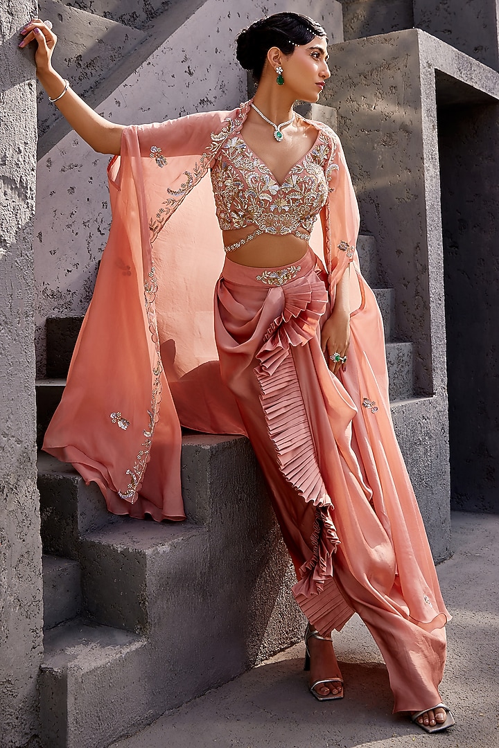 Peach Viscose Satin Organza Pleated Draped Skirt Set by Miku Kumar at Pernia's Pop Up Shop