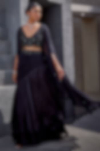 Black Viscose Satin Organza Skirt Set by Miku Kumar at Pernia's Pop Up Shop