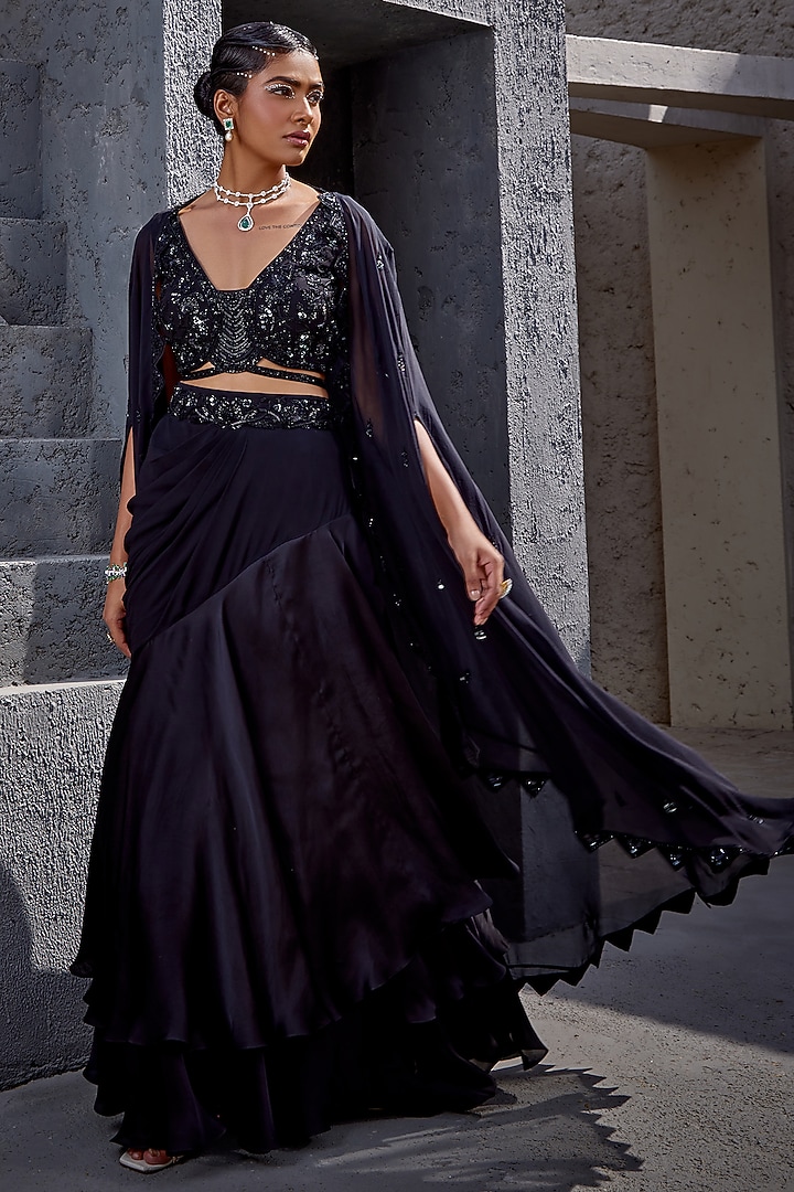 Black Viscose Satin Organza Skirt Set by Miku Kumar at Pernia's Pop Up Shop