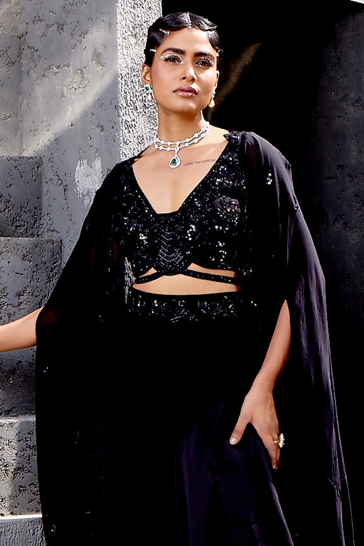 Black Viscose Satin Organza Skirt Set by Miku Kumar at Pernia's Pop Up Shop