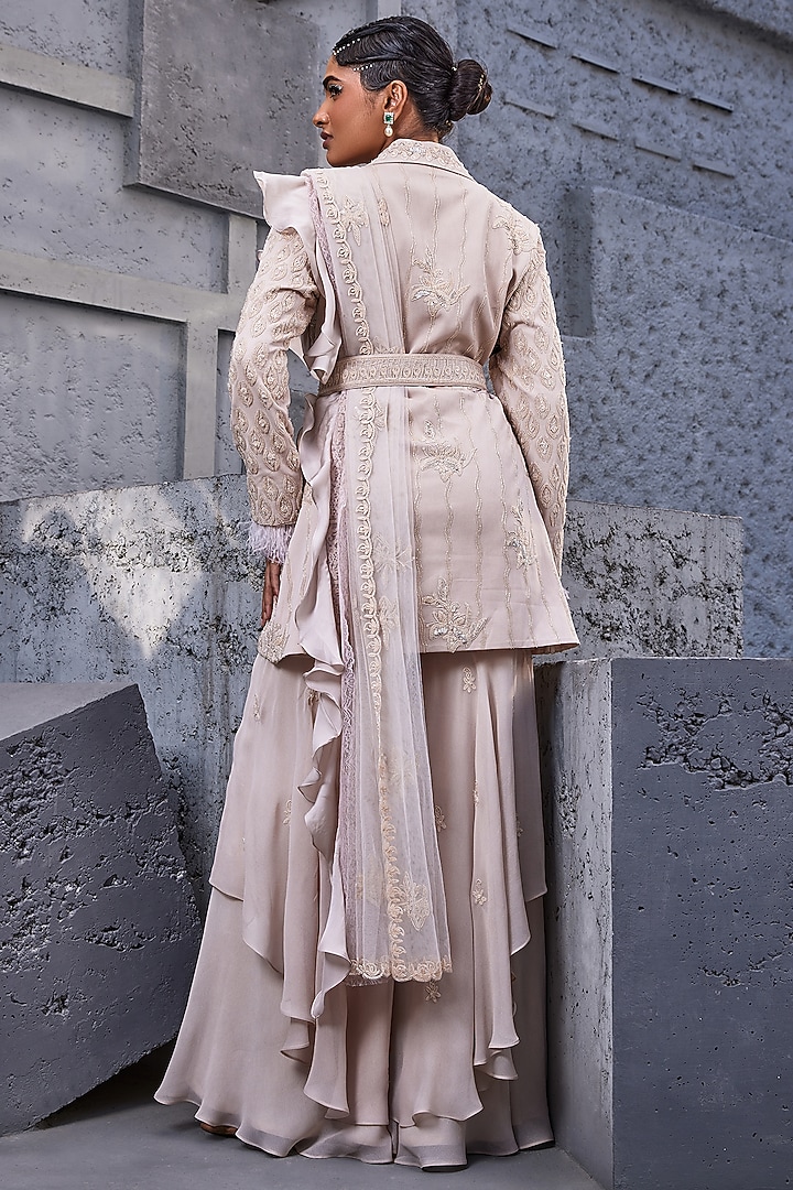 Ivory Viscose Satin Organza & Georgette Hand Embroidered Wedding Sharara Set by Miku Kumar at Pernia's Pop Up Shop