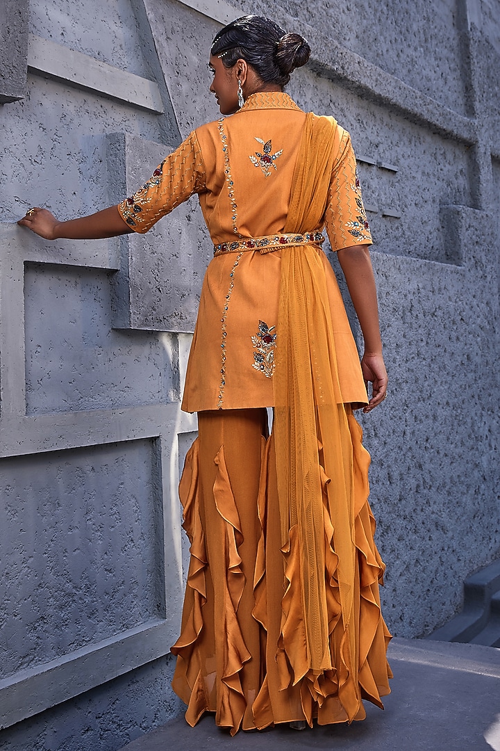 Orange Viscose Satin Organza & Georgette Layered Wedding Sharara Set by Miku Kumar at Pernia's Pop Up Shop