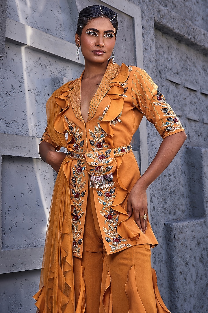 Orange Viscose Satin Organza & Georgette Layered Wedding Sharara Set by Miku Kumar at Pernia's Pop Up Shop