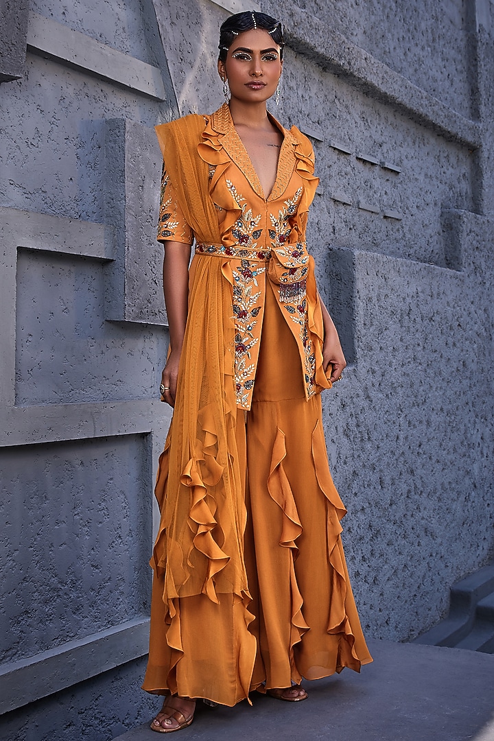 Orange Viscose Satin Organza & Georgette Layered Wedding Sharara Set by Miku Kumar at Pernia's Pop Up Shop