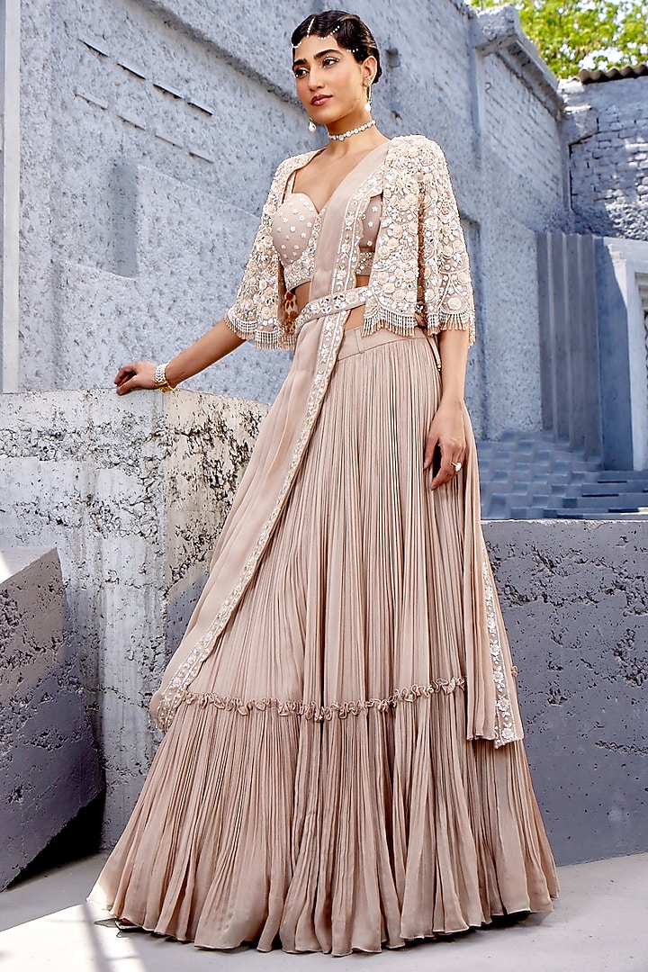 Ivory Viscose Satin Organza & Georgette Textured Jacket Wedding Lehenga Set by Miku Kumar at Pernia's Pop Up Shop