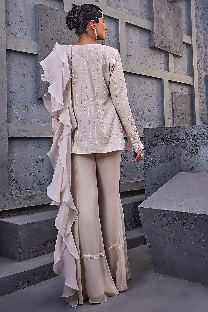 Ivory Viscose Satin Organza & Georgette Jacket Set by Miku Kumar at Pernia's Pop Up Shop