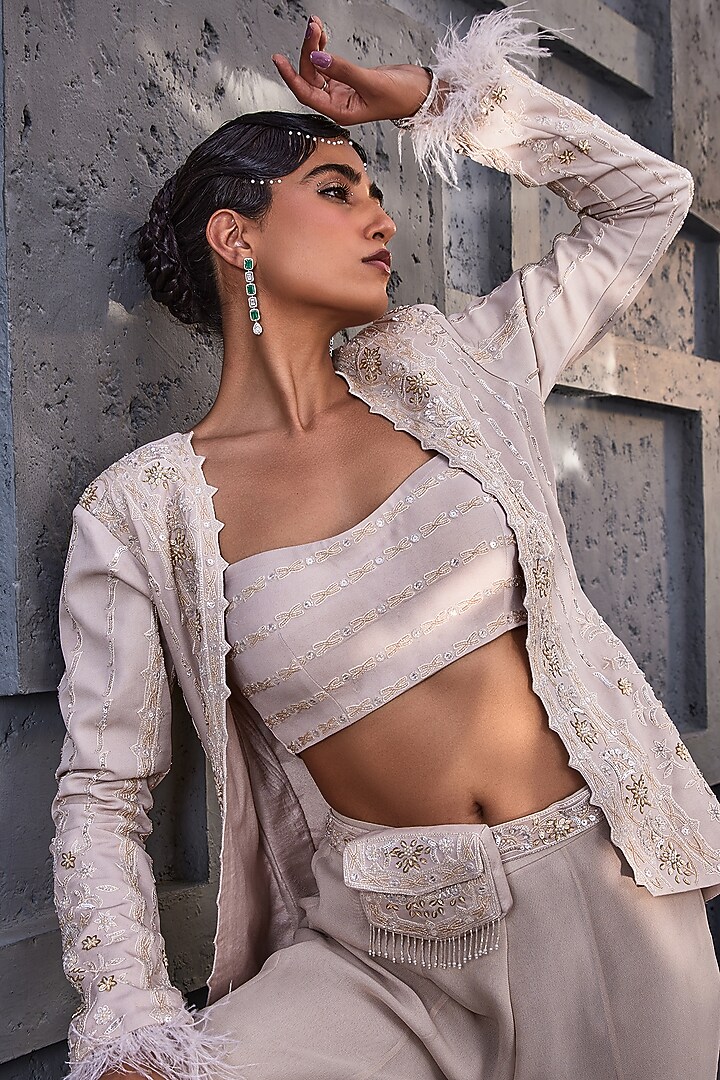 Ivory Viscose Satin Organza & Georgette Jacket Set by Miku Kumar at Pernia's Pop Up Shop