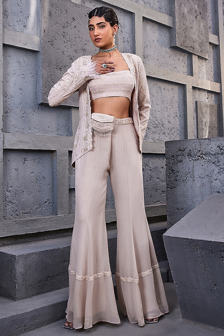 Ivory Viscose Satin Organza & Georgette Jacket Set by Miku Kumar at Pernia's Pop Up Shop