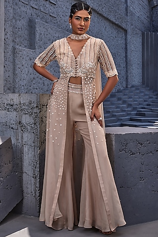 Ivory Viscose Satin Organza & Net Kurta Set by Miku Kumar
