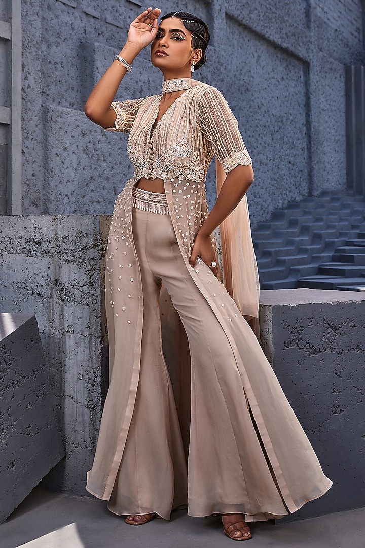 Ivory Viscose Satin Organza & Net Kurta Set by Miku Kumar at Pernia's Pop Up Shop