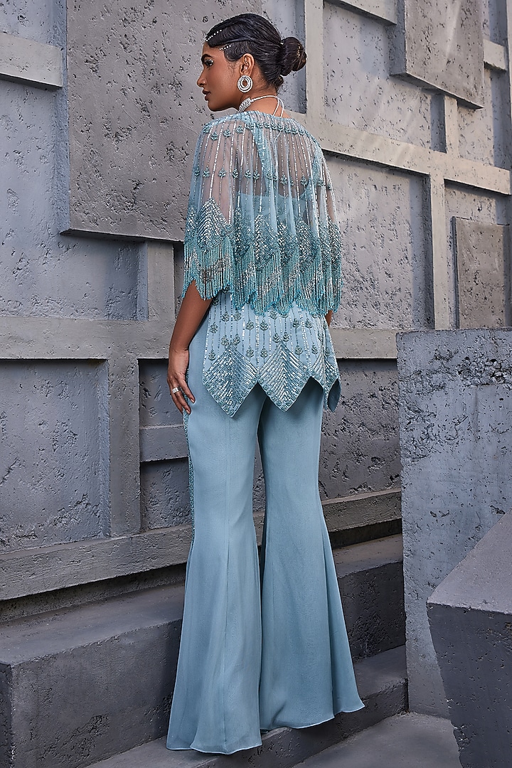 Blue Tulle Embroidered Cape Set by Miku Kumar at Pernia's Pop Up Shop