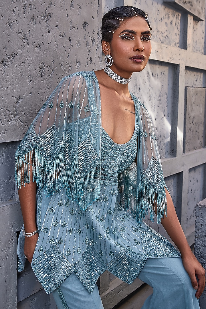 Blue Tulle Embroidered Cape Set by Miku Kumar at Pernia's Pop Up Shop