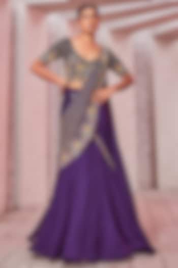 Purple Georgette & Silk Draped Saree Set by Miku Kumar