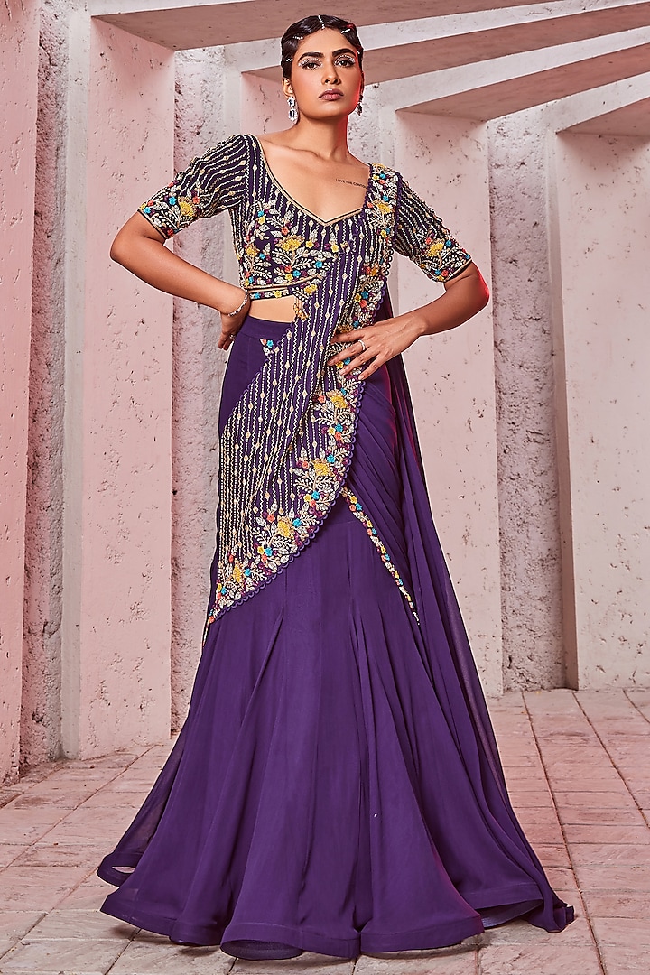 Purple Georgette & Silk Draped Saree Set by Miku Kumar