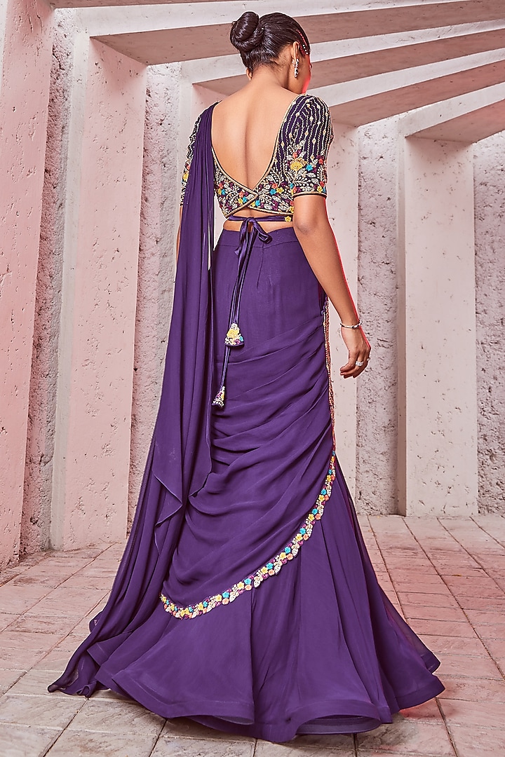 Purple Georgette & Silk Draped Saree Set Design by Miku Kumar at Pernia's  Pop Up Shop 2024