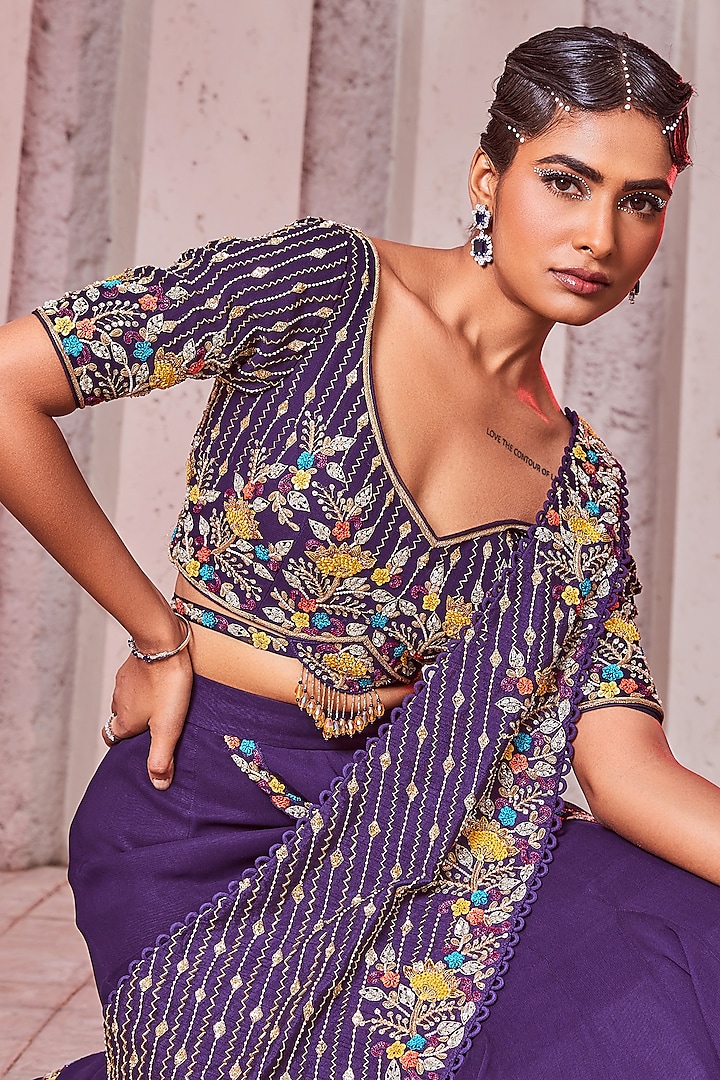 Purple Georgette & Silk Draped Saree Set Design by Miku Kumar at