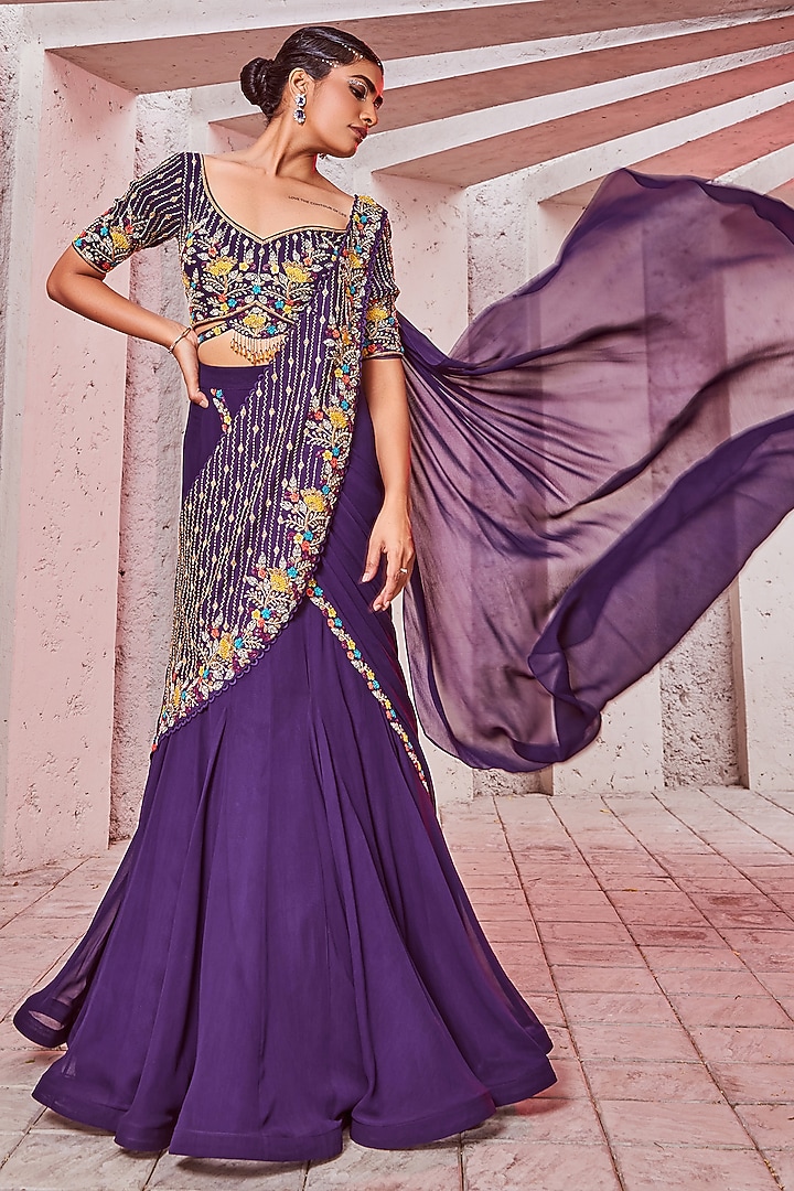 Purple Georgette & Silk Draped Wedding Saree Set by Miku Kumar at Pernia's Pop Up Shop