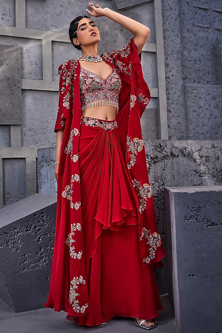 Red Viscose Satin Organza & Georgette Embroidered Cape Set by Miku Kumar