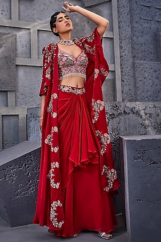 Red Viscose Satin Organza & Georgette Embroidered Cape Set by Miku Kumar