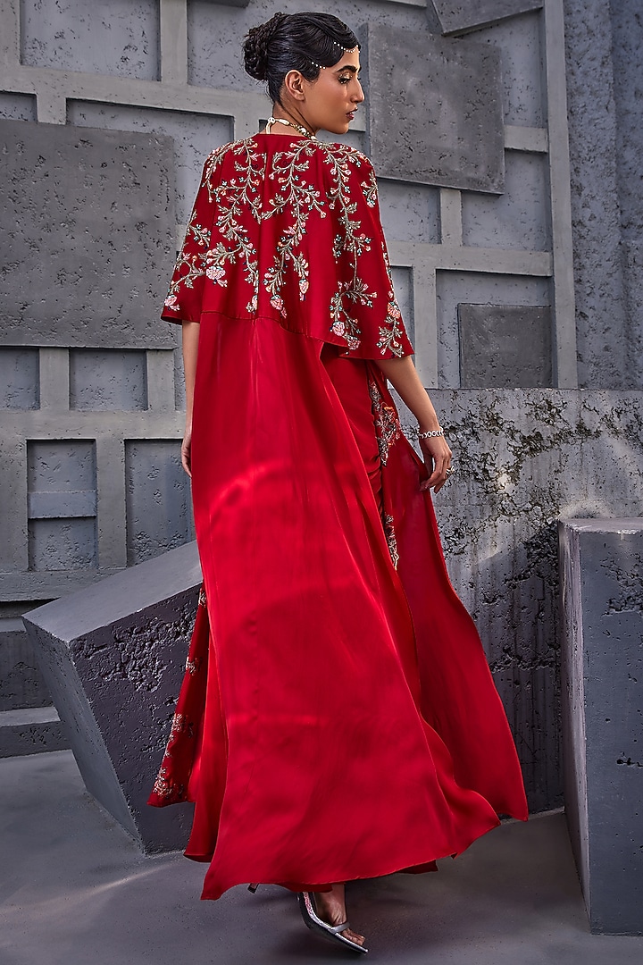 Red Viscose Satin Organza & Georgette Embroidered Cape Set by Miku Kumar at Pernia's Pop Up Shop