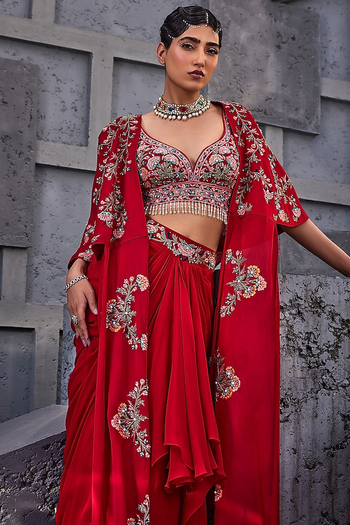 Red Viscose Satin Organza & Georgette Embroidered Cape Set by Miku Kumar at Pernia's Pop Up Shop