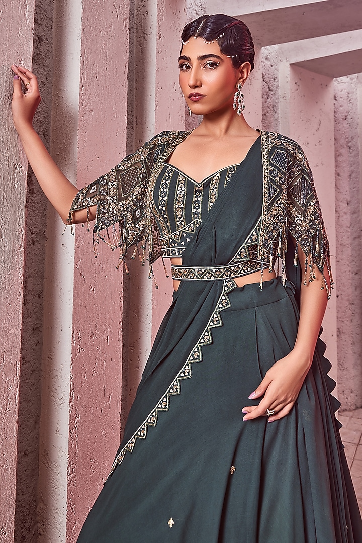 Green Georgette & Net Jacket Wedding Lehenga Set by Miku Kumar at Pernia's Pop Up Shop