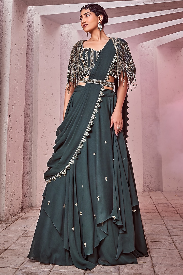 Green Georgette & Net Jacket Wedding Lehenga Set by Miku Kumar at Pernia's Pop Up Shop