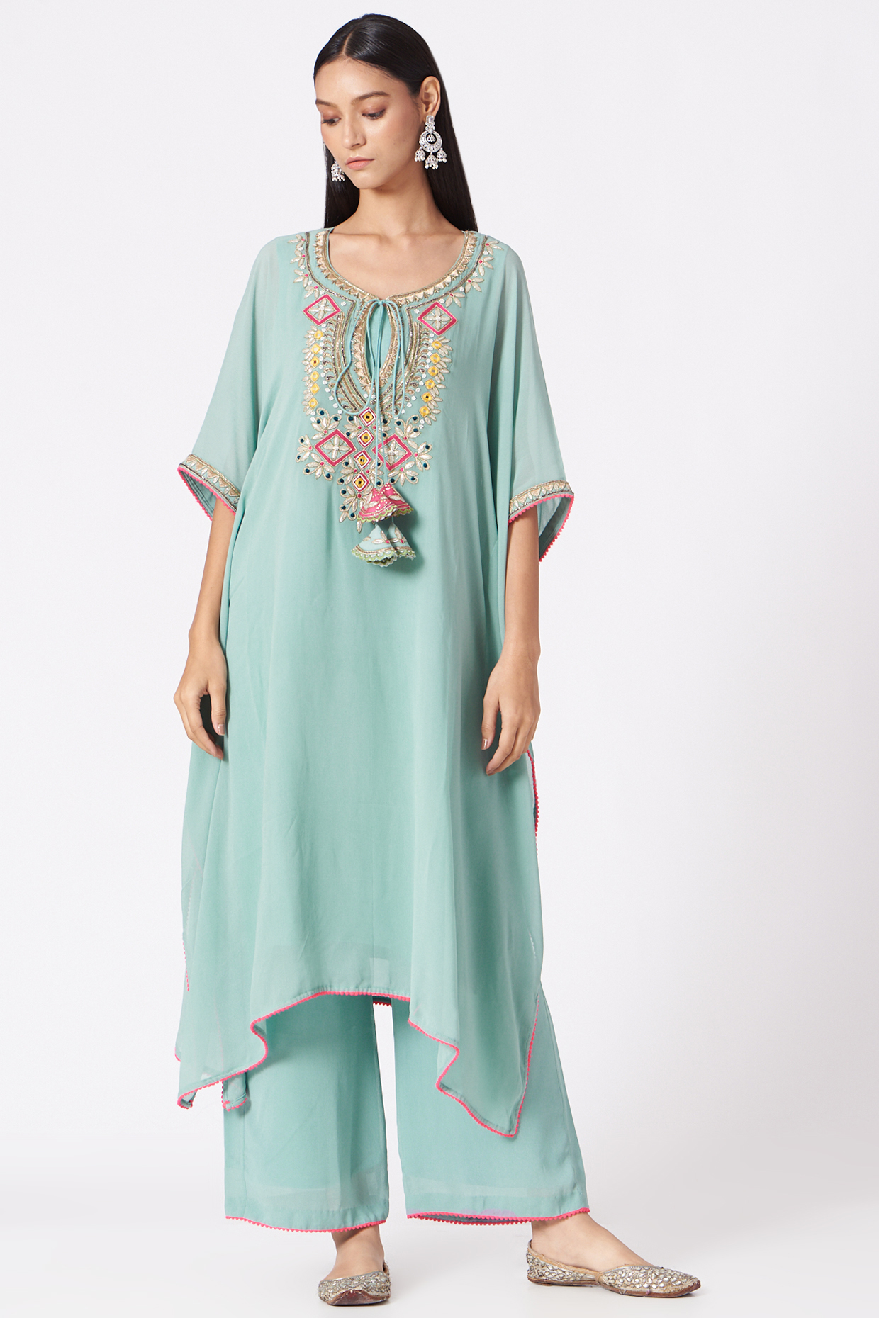 Ice Blue Embroidered Kaftan Kurta Set by Miku Kumar at Pernia's Pop Up Shop