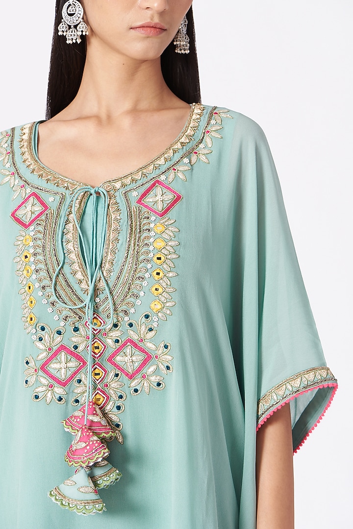 Ice Blue Embroidered Kaftan Kurta Set by Miku Kumar at Pernia's Pop Up Shop