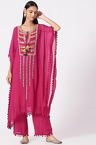 Hot Pink Georgette Mirror Embroidered Kaftan Kurta Set by Miku Kumar