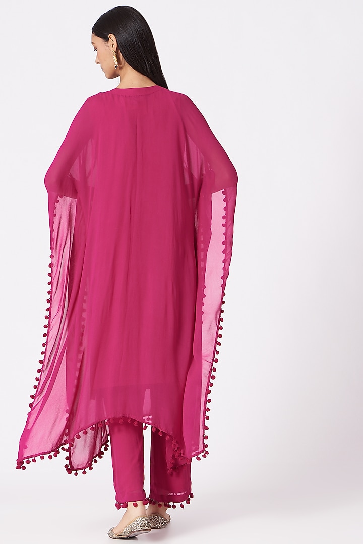 Hot Pink Georgette Mirror Embroidered Kaftan Kurta Set by Miku Kumar at Pernia's Pop Up Shop