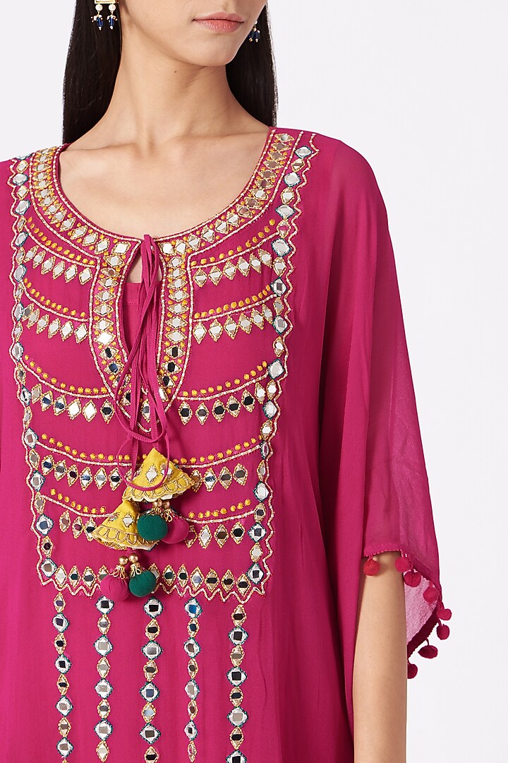 Hot Pink Georgette Mirror Embroidered Kaftan Kurta Set by Miku Kumar at Pernia's Pop Up Shop