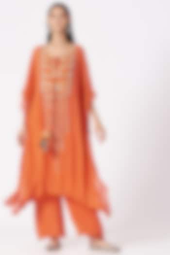 Orange Georgette Mirror Embroidered Kaftan Kurta Set by Miku Kumar