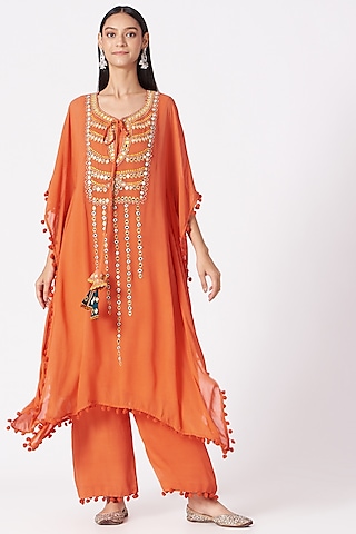 Orange Georgette Mirror Embroidered Kaftan Kurta Set by Miku Kumar