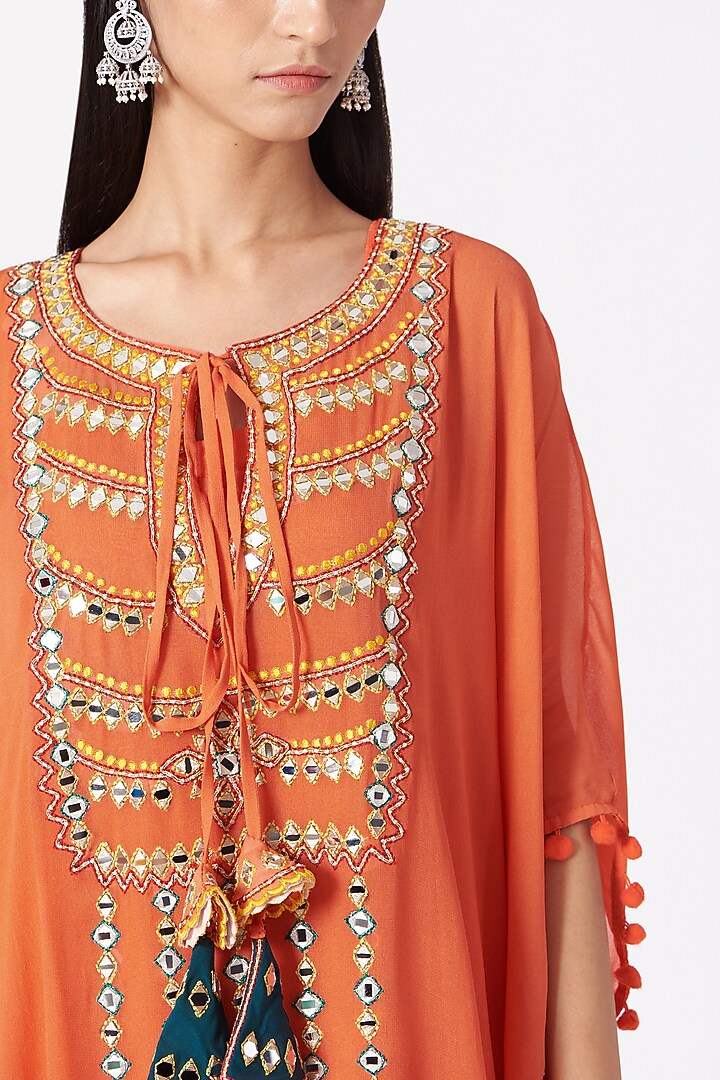 Orange Georgette Mirror Embroidered Kaftan Kurta Set by Miku Kumar at Pernia's Pop Up Shop
