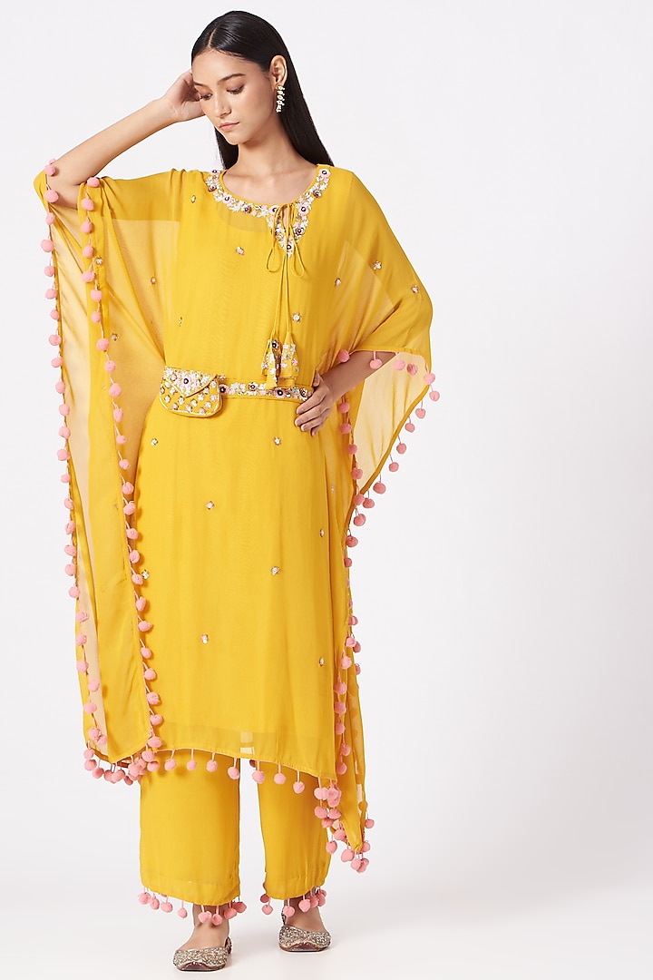 Yellow Georgette Sequins Embroidered Kaftan Kurta Set by Miku Kumar