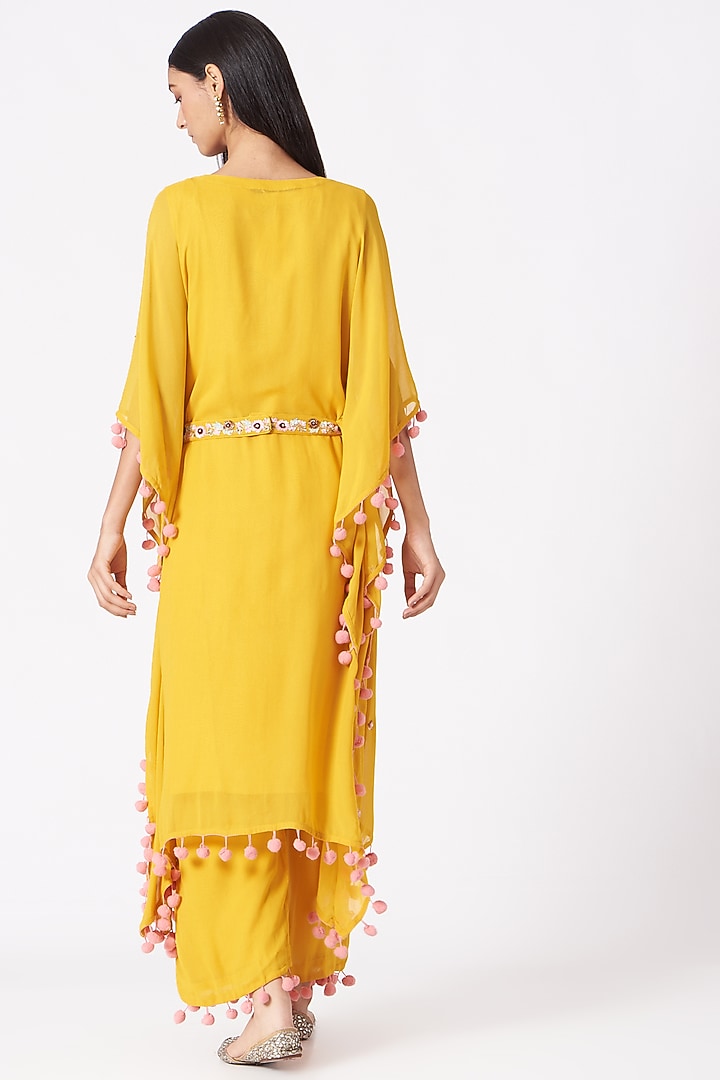Yellow Georgette Sequins Embroidered Kaftan Kurta Set by Miku Kumar at Pernia's Pop Up Shop