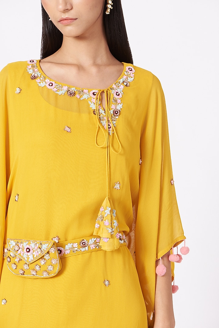 Yellow Georgette Sequins Embroidered Kaftan Kurta Set by Miku Kumar at Pernia's Pop Up Shop