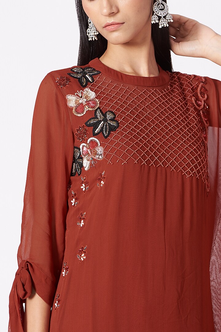 Rust Georgette Bead Embroidered Kaftan Kurta Set by Miku Kumar at Pernia's Pop Up Shop