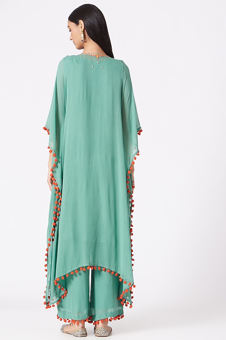 Sea Green Georgette Mirror Embroidered Kaftan Kurta Set by Miku Kumar at Pernia's Pop Up Shop