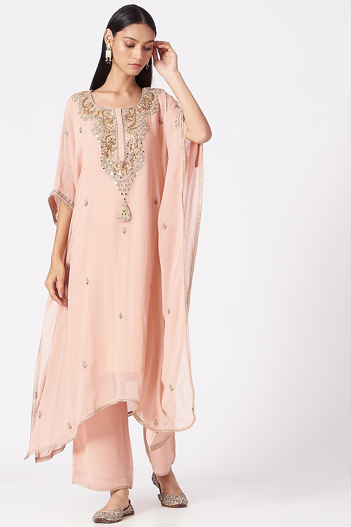 Peach Georgette Pearl Embroidered Kaftan Kurta Set by Miku Kumar