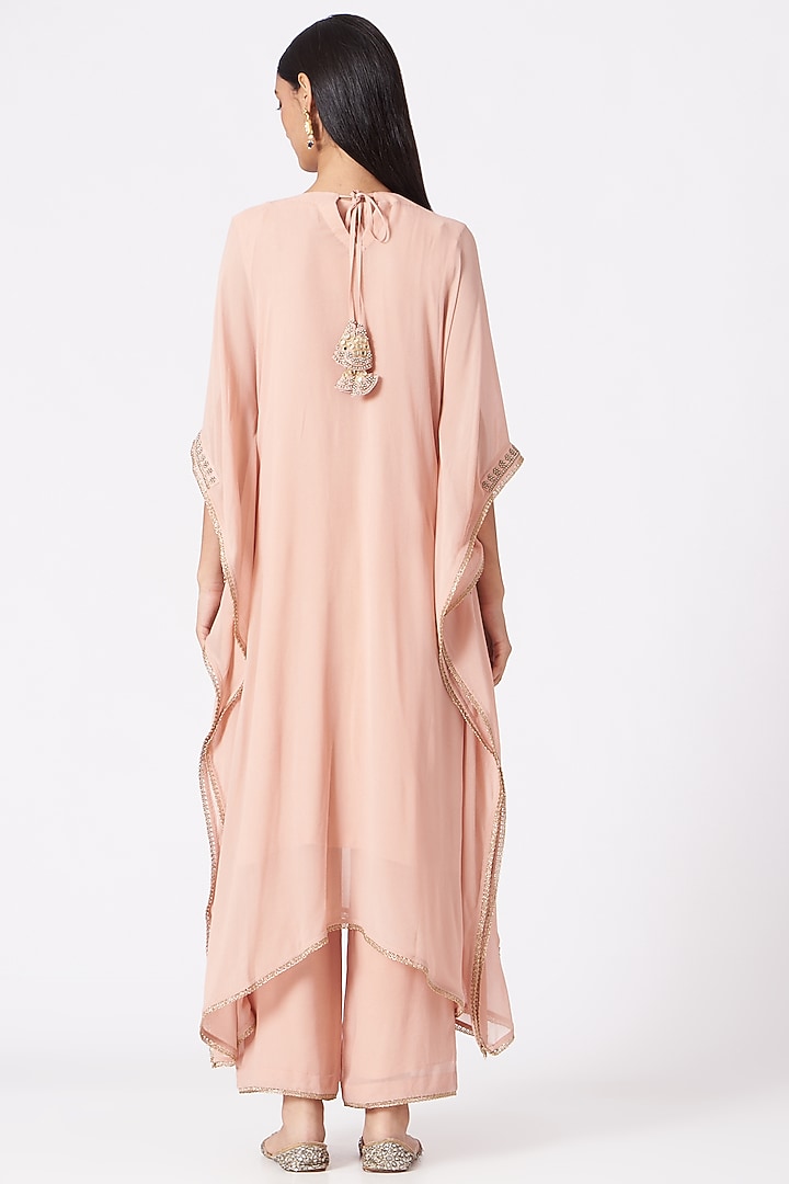 Peach Georgette Pearl Embroidered Kaftan Kurta Set by Miku Kumar at Pernia's Pop Up Shop