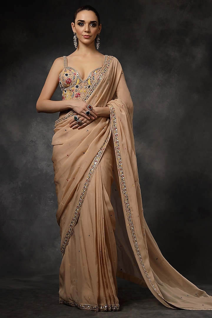 Beige Organza Hand Embroidered Pre-Draped Reception Saree Set by Miku Kumar at Pernia's Pop Up Shop