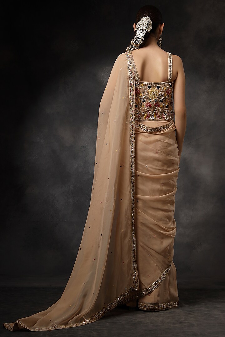 Beige Organza Hand Embroidered Pre-Draped Reception Saree Set by Miku Kumar at Pernia's Pop Up Shop