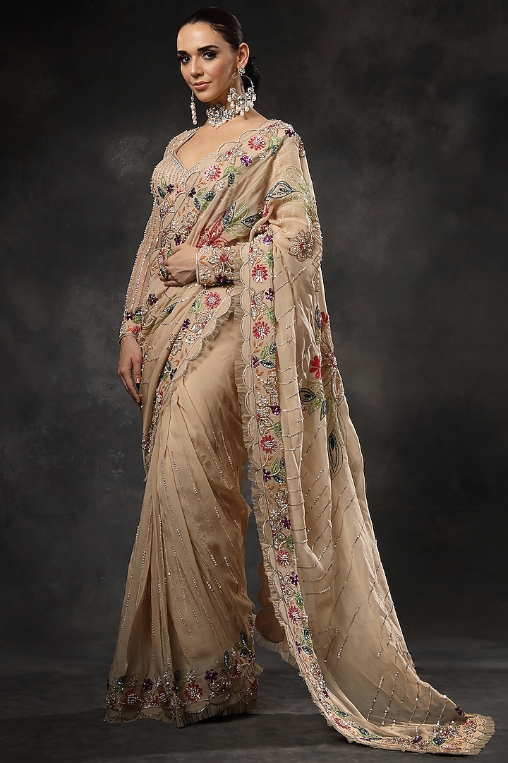Beige Organza Sequin Hand Embroidered Pre-Draped Reception Saree Set by Miku Kumar at Pernia's Pop Up Shop