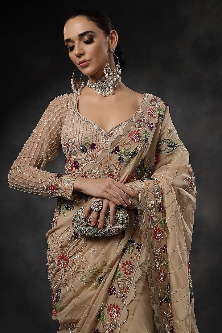 Beige Organza Sequin Hand Embroidered Pre-Draped Reception Saree Set by Miku Kumar at Pernia's Pop Up Shop