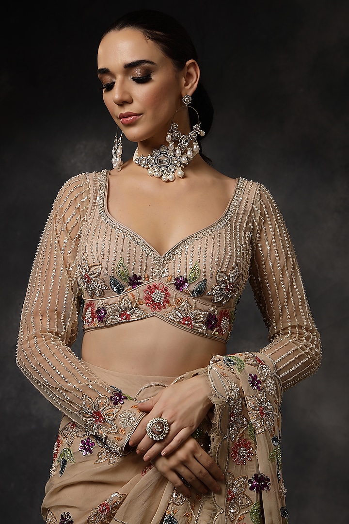 Beige Organza Sequin Hand Embroidered Pre-Draped Reception Saree Set by Miku Kumar at Pernia's Pop Up Shop