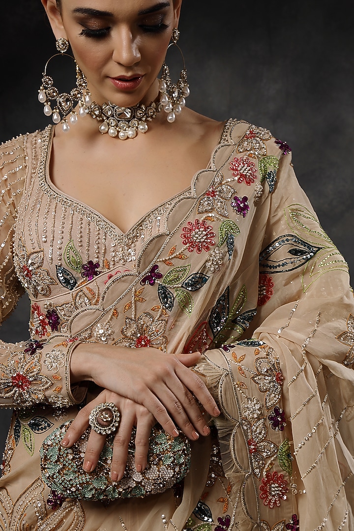 Beige Organza Sequin Hand Embroidered Pre-Draped Reception Saree Set by Miku Kumar at Pernia's Pop Up Shop
