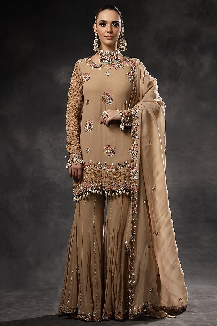 Beige Georgette Bridal Sharara Set by Miku Kumar at Pernia's Pop Up Shop
