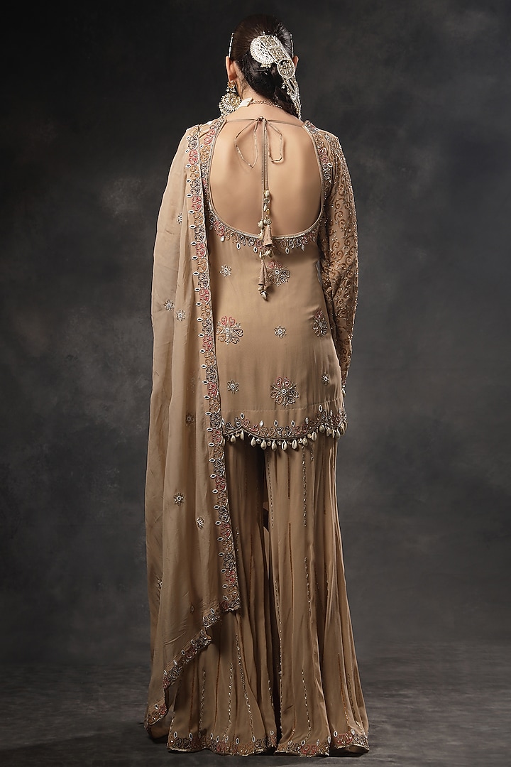 Beige Georgette Bridal Sharara Set by Miku Kumar at Pernia's Pop Up Shop